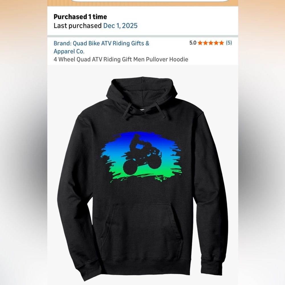 NWT- Stylish Black Hoodie with ATV and Pocket, Unisex adult small size